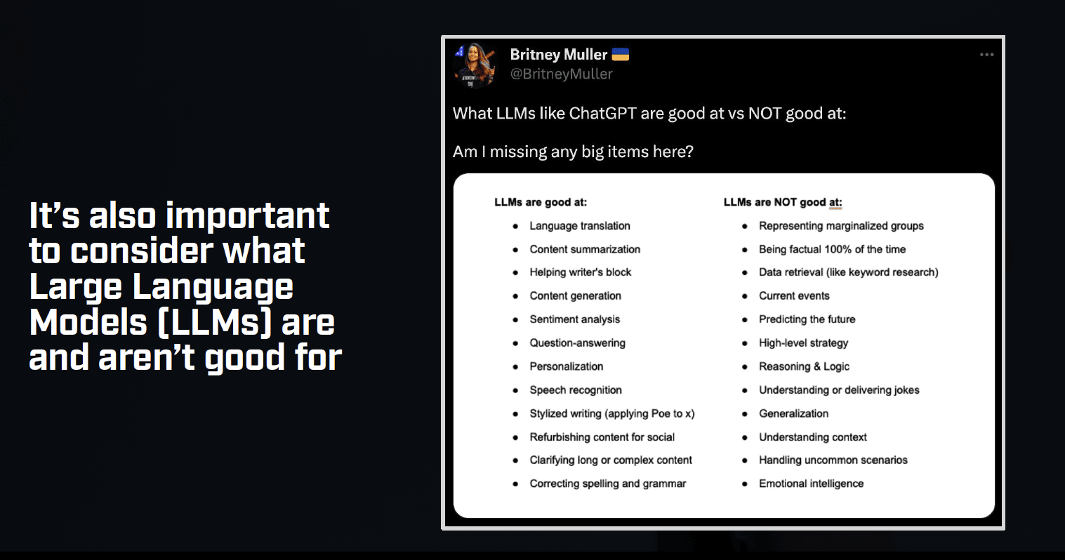 Screenshot of Britney Muller's tweet on tasks NOT to use LLMs