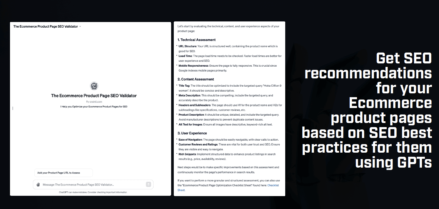 Screenshot showing how to use a GPT for E-commerce SEO recommendations