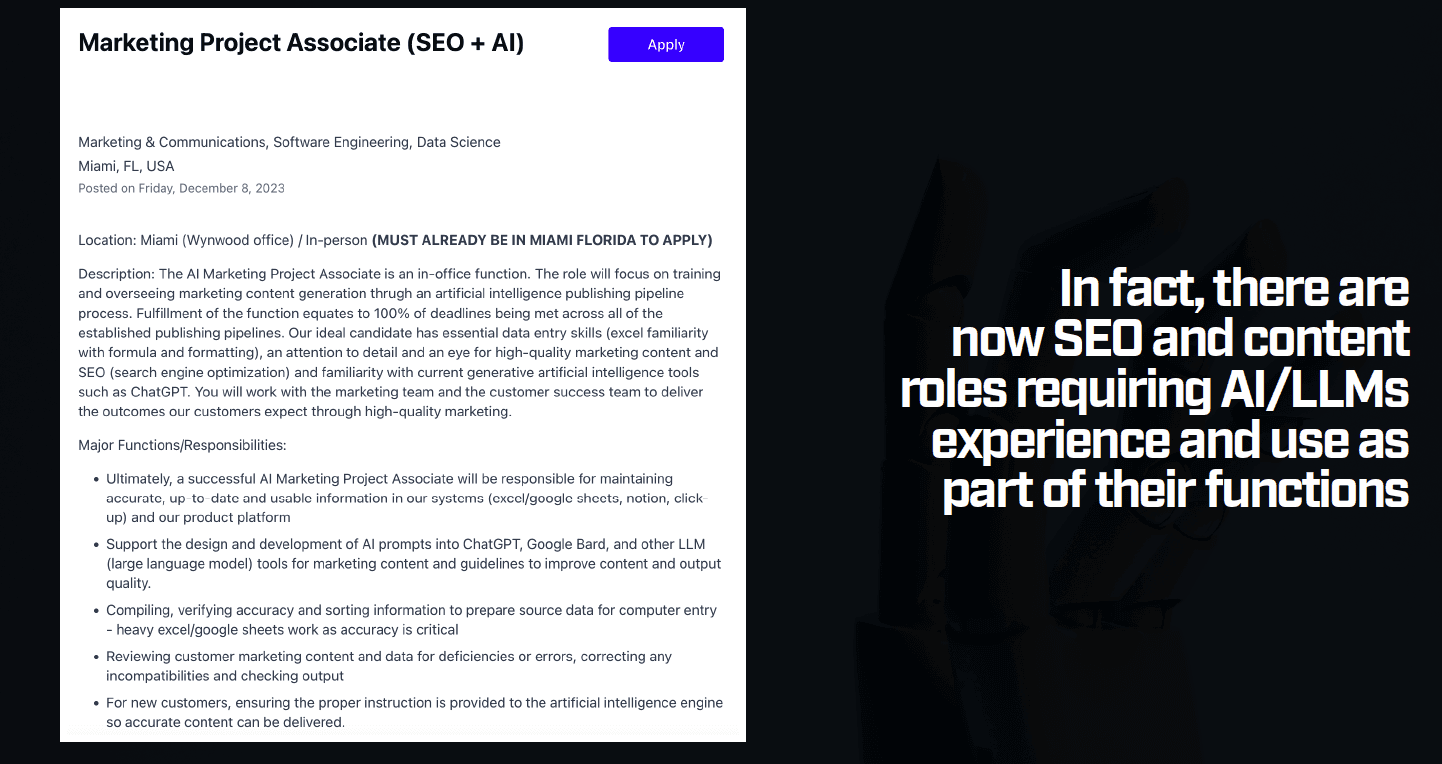 Screenshot of a Job Description showing that SEO and Content roles now ask for AI and LLM experience