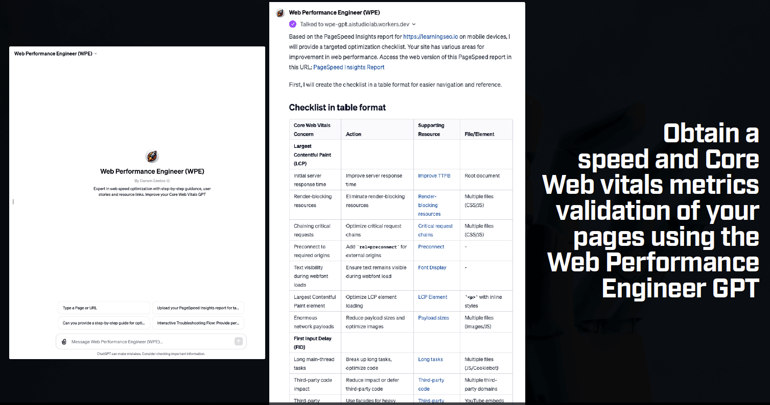 Screenshot showing how to use a GPT to validate core web vital metrics