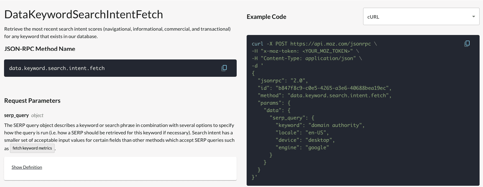 Screenshot of Moz API for bulk search intent analysis