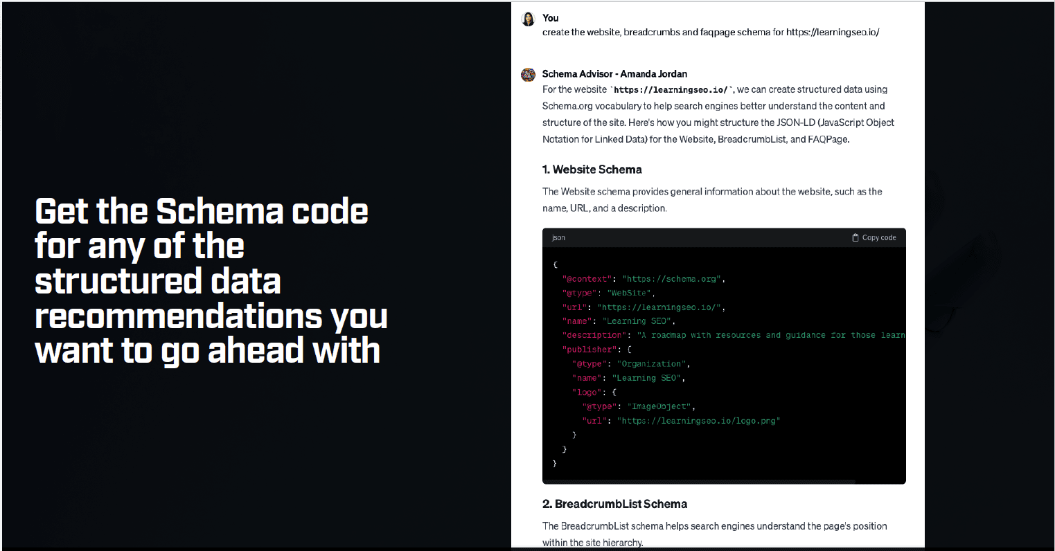 Screenshot showing how to use a GPT for schema markup