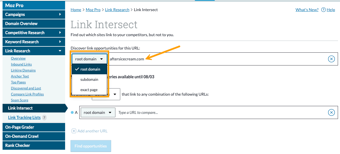 Screenshot of Link Intersect with site URL entered and drop-down menu expanded to show options