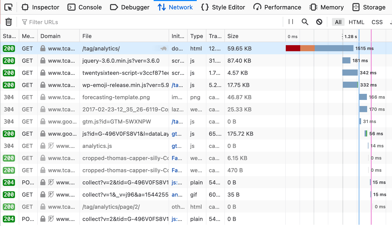 Screenshot of the network tab in Firefox browser dev tools.